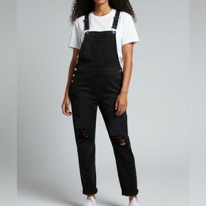 Honey Punch Classic Black Distressed Denim Overalls